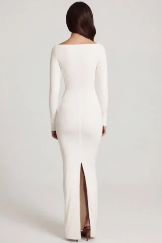 Robe longue à col bateau et fronces en jersey doux Mericia, couleur blanche
