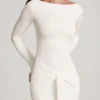 Robe longue à col bateau et fronces en jersey doux Mericia, couleur blanche Robe longue à col bateau et fronces en jersey doux Mericia, couleur blanche