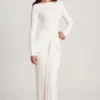 Robe longue à col bateau et fronces en jersey doux Mericia, couleur blanche Robe longue à col bateau et fronces en jersey doux Mericia, couleur blanche