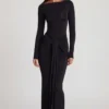 Robe longue à col bateau et fronces en jersey doux Mericia, couleur noir Robe longue à col bateau et fronces en jersey doux Mericia, couleur noir