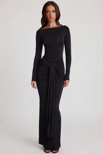 Robe longue à col bateau et fronces en jersey doux Mericia, couleur noir