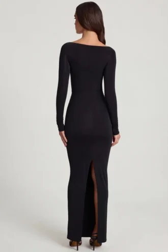 Robe longue à col bateau et fronces en jersey doux Mericia, couleur noir