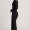 Robe longue à col bateau et fronces en jersey doux Mericia, couleur noir Robe longue à col bateau et fronces en jersey doux Mericia, couleur noir