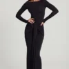 Robe longue à col bateau et fronces en jersey doux Mericia, couleur noir Robe longue à col bateau et fronces en jersey doux Mericia, couleur noir
