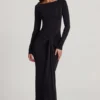 Robe longue à col bateau et fronces en jersey doux Mericia, couleur noir Robe longue à col bateau et fronces en jersey doux Mericia, couleur noir