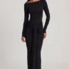 Robe longue à col bateau et fronces en jersey doux Mericia, couleur noir Robe longue à col bateau et fronces en jersey doux Mericia, couleur noir