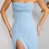 Robe longue à col bénitier et bandeau orné La Rochette, bleu clair Robe longue à col bénitier et bandeau orné La Rochette, bleu clair