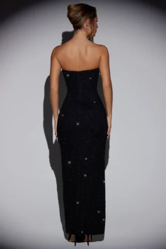 Robe longue à col bénitier et bandeau orné La Rochette en noir