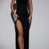 Robe longue à col bénitier et bandeau orné La Rochette en noir Robe longue à col bénitier et bandeau orné La Rochette en noir