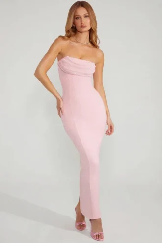 Robe longue à col bénitier et bandeau orné Palermo, couleur Blush