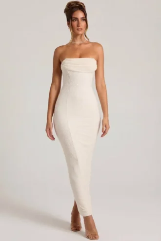 Robe longue à col bénitier et bandeau orné Palermo en blanc