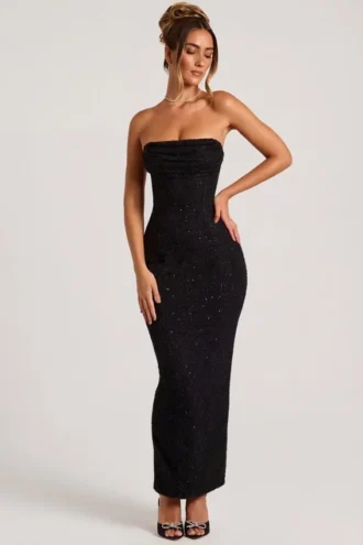 Robe longue à col bénitier et bandeau orné « Palermo » en noir