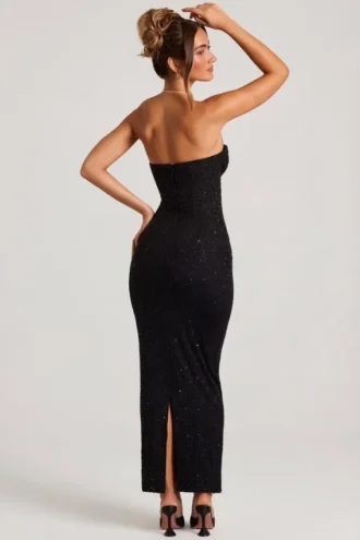 Robe longue à col bénitier et bandeau orné « Palermo » en noir