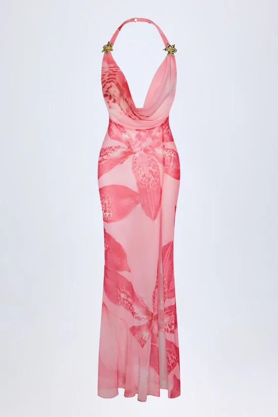 Robe longue à col bénitier et détails métalliques Taveuni, imprimé orchidée rose Robe longue à col bénitier et détails métalliques Taveuni, imprimé orchidée rose