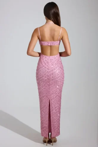 Robe longue à col bénitier et ornements Constance en rose