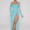 Robe longue à col bénitier ornée Champel, couleur aqua Robe longue à col bénitier ornée Champel, couleur aqua