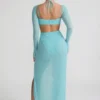 Robe longue à col bénitier ornée Champel, couleur aqua Robe longue à col bénitier ornée Champel, couleur aqua