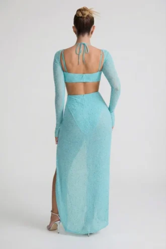 Robe longue à col bénitier ornée Champel, couleur aqua