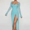 Robe longue à col bénitier ornée Champel, couleur aqua Robe longue à col bénitier ornée Champel, couleur aqua