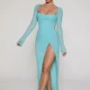 Robe longue à col bénitier ornée Champel, couleur aqua Robe longue à col bénitier ornée Champel, couleur aqua