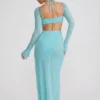 Robe longue à col bénitier ornée Champel, couleur aqua Robe longue à col bénitier ornée Champel, couleur aqua
