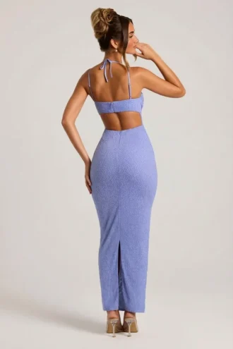 Robe longue à col bénitier ornée Monte Carlo, bleu poudré