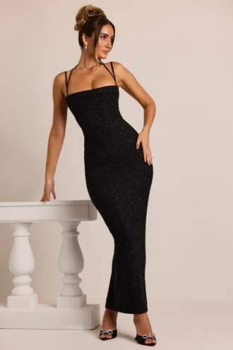 Robe longue à col bénitier ornée Monte Carlo en noir