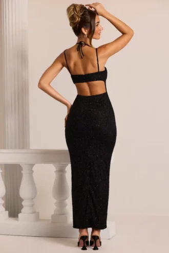 Robe longue à col bénitier ornée Monte Carlo en noir