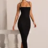 Robe longue à col bénitier ornée Monte Carlo en noir Robe longue à col bénitier ornée Monte Carlo en noir