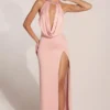 Robe longue à col bénitier Teodora, rose poudré Robe longue à col bénitier Teodora, rose poudré