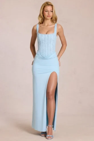 Robe longue corset en dentelle Zalia, bleu poudré