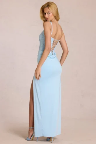 Robe longue corset en dentelle Zalia, bleu poudré