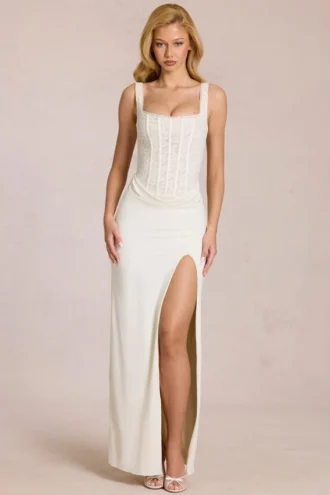 Robe longue corset en dentelle Zalia, couleur ivoire