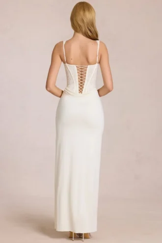 Robe longue corset en dentelle Zalia, couleur ivoire
