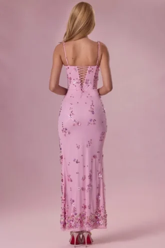 Robe longue à corset ornée Primara en rose bonbon