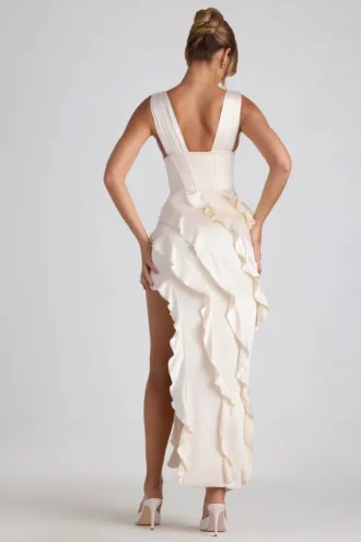 Robe longue corset à volants Ambrosia, couleur ivoire