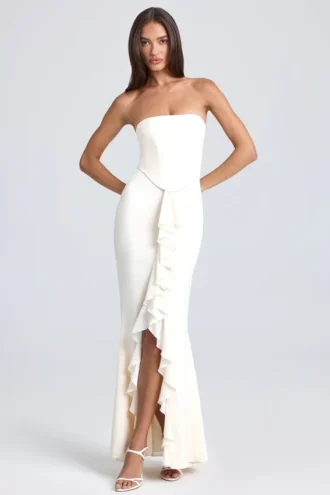 Robe longue corset à volants et bandeau Tallullah, couleur ivoire