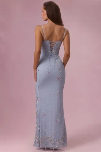 Robe longue corsetée à paillettes Primara, bleu poudre