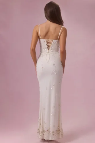 Robe longue corsetée Primara avec ornements, couleur ivoire