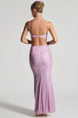 Robe longue à découpes et ornements Lucienne, couleur rose pivoine
