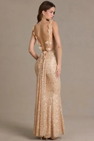 Robe longue à dos nu Ariette Premium ornée, couleur or