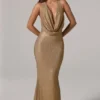 Robe longue dos nu à col bénitier ornée Feyre, couleur or Robe longue dos nu à col bénitier ornée Feyre, couleur or