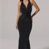 Robe longue dos nu à col bénitier ornée Feyre en noir Robe longue dos nu à col bénitier ornée Feyre en noir