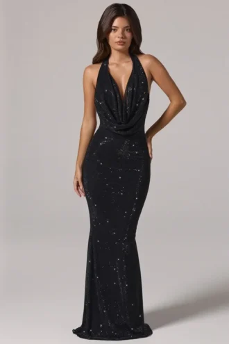 Robe longue dos nu à col bénitier ornée Feyre en noir