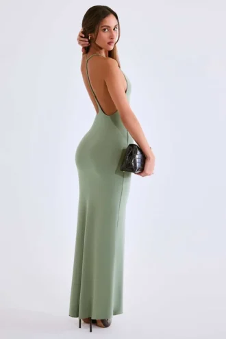 Robe longue dos nu à décolleté plongeant Leire en modal, vert sauge