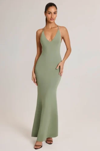 Robe longue dos nu à décolleté plongeant Leire en modal, vert sauge