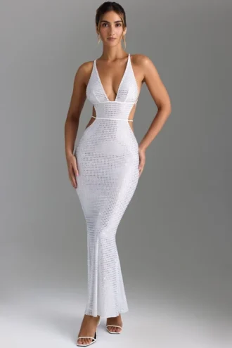 Robe longue dos nu à découpes et ornements Magdalena, blanche