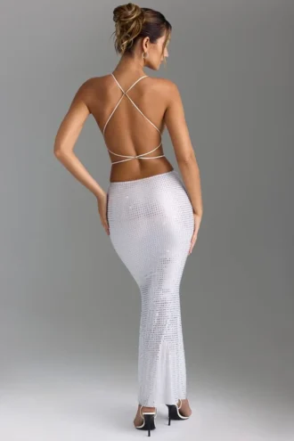 Robe longue dos nu à découpes et ornements Magdalena, blanche