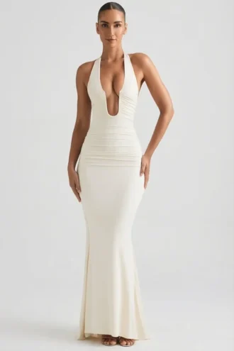 Robe longue dos nu à dos froncé Laverna, couleur ivoire