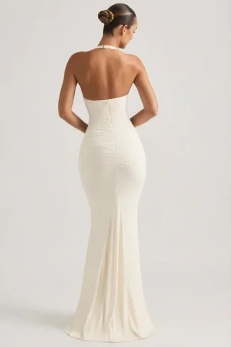 Robe longue dos nu à dos froncé Laverna, couleur ivoire